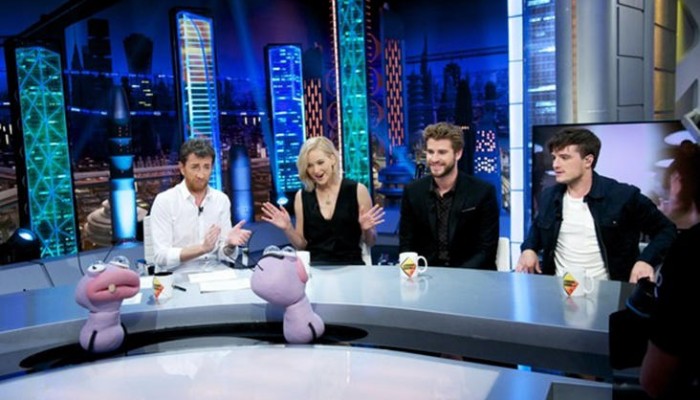 Jennifer Lawrence, Liam Hemsworth y Josh Hutcherson en 'El Hormiguero'.